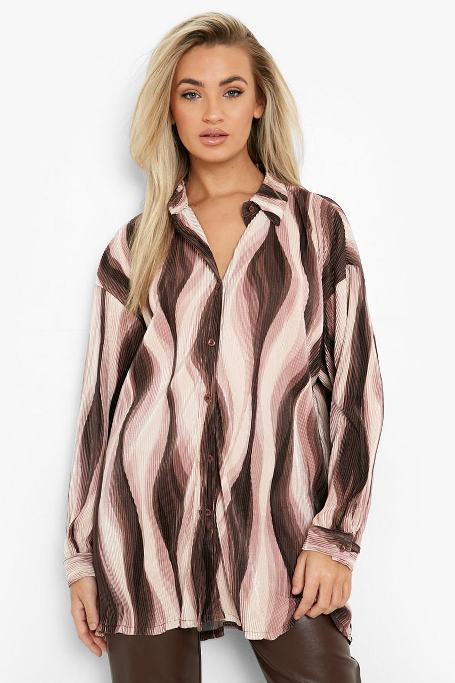 Chocolate Plisse Abstract Print Oversized Shirt image number 1