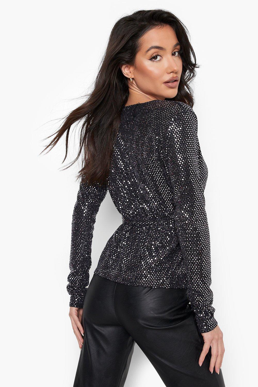 Black sequin hot sale wrap top