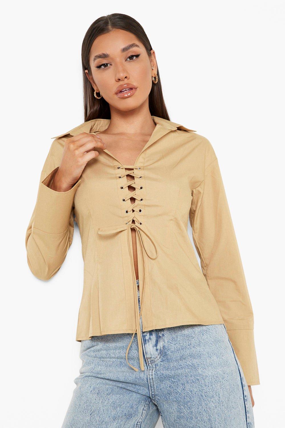 tan lace up shirt