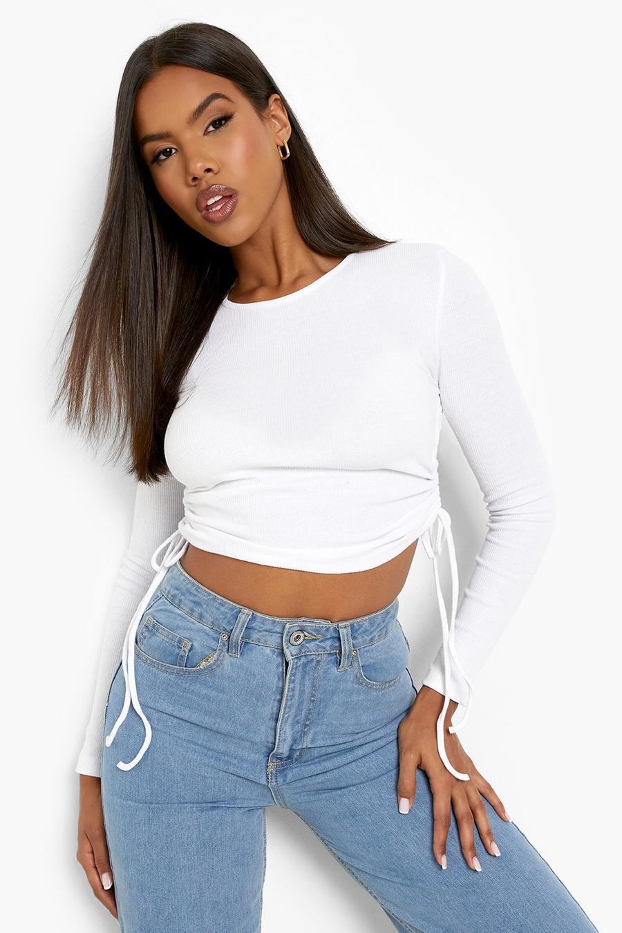 White Side Ruched Long Sleeve Crop Top image number 1