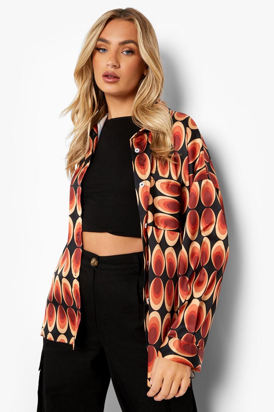 Brown Abstract Printed Satin Oversized Shirt image number 1