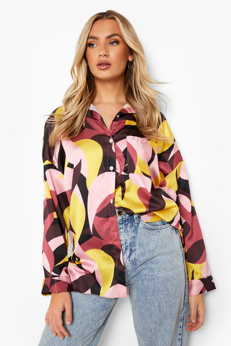 Mauve Abstract Printed Satin Oversized Shirt image number 1