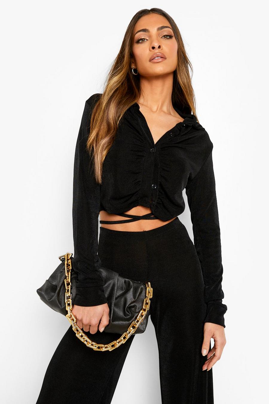 Black Ruched Button Up Crop Top image number 1