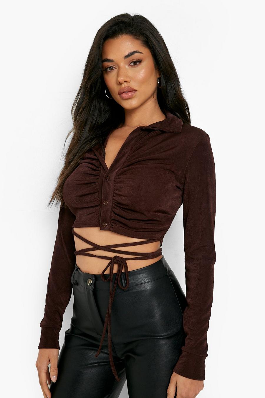 Chocolate Ruched Button Up Crop Top image number 1