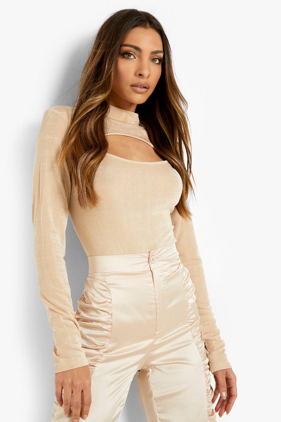 Champagne Cut Out Long Sleeve Bodysuit image number 1