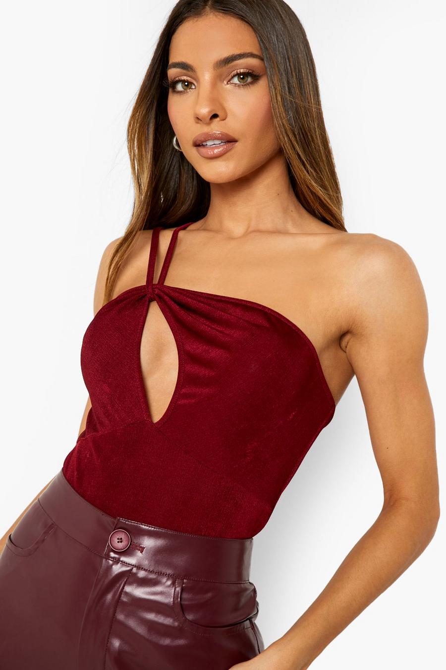 Berry Cut Out Asymmetric Sleeveless Bodysuit image number 1