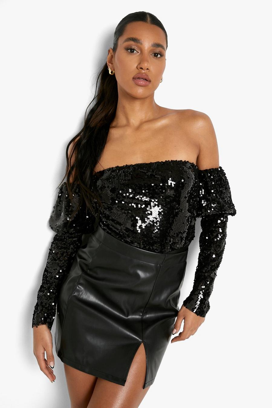 Black Sequin Off The Shoulder Bodysuit image number 1