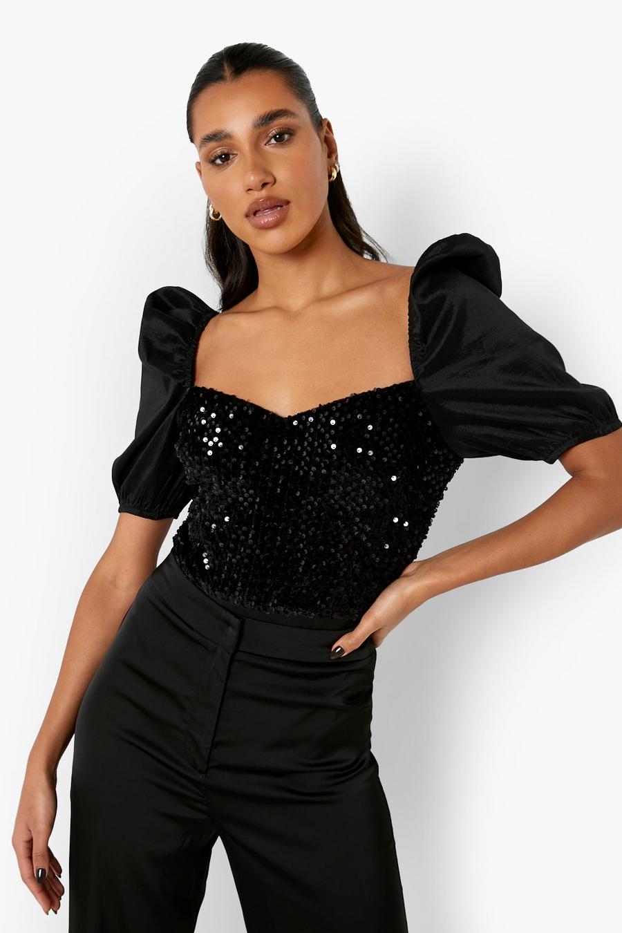 Black Sequin Puff Sleeve Bodysuit image number 1