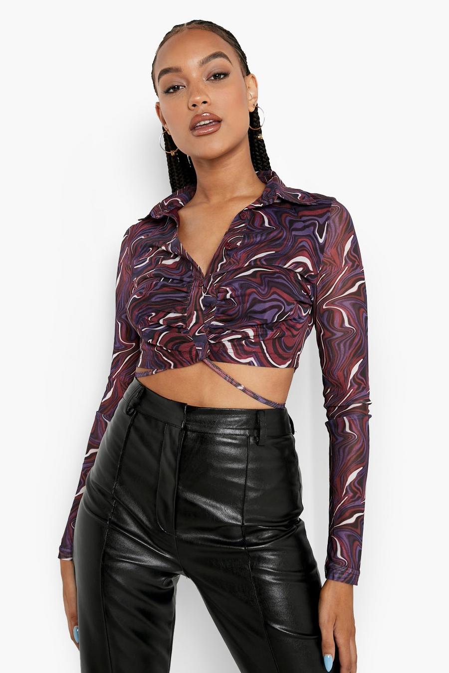 Camicia in rete marmorizzata con laccetti, Purple image number 1