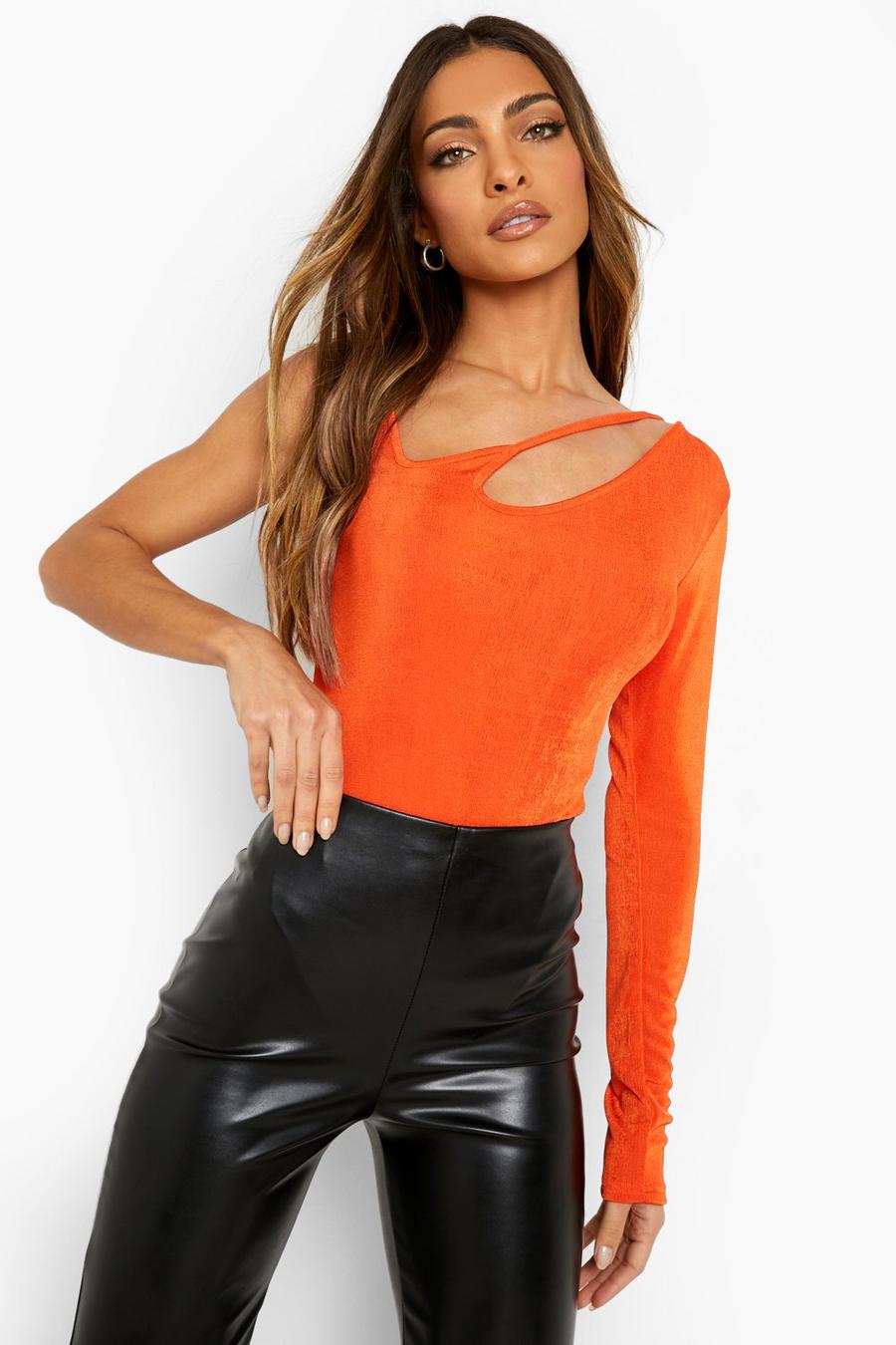 Orange Cut Out Asymmetric Bodysuit image number 1