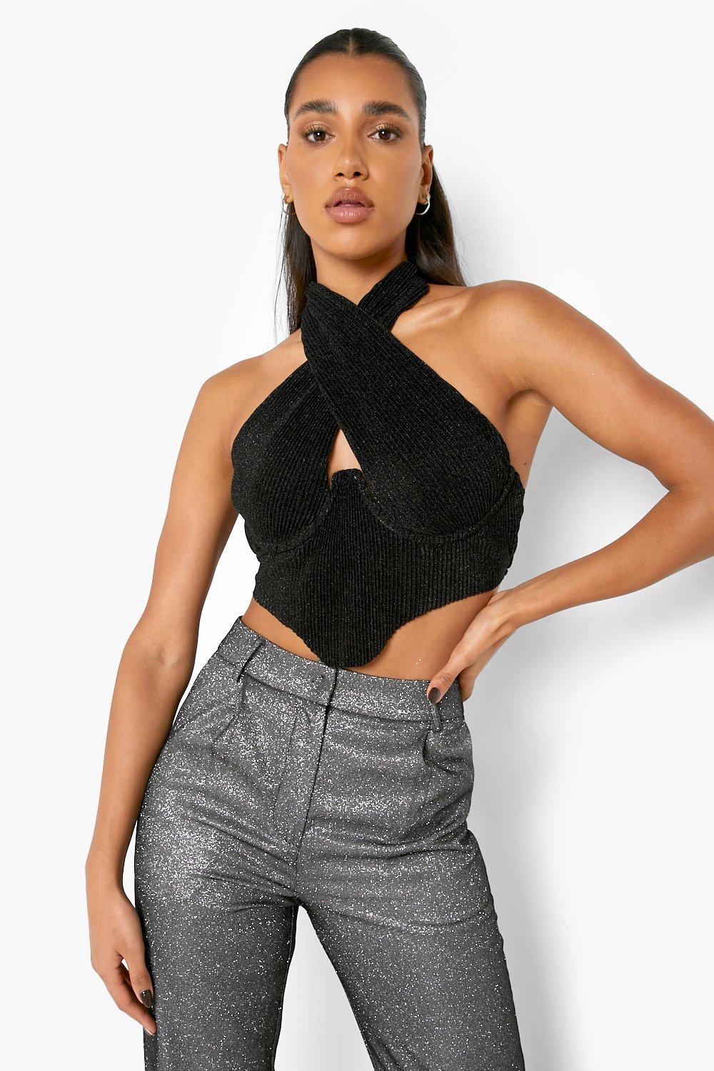 Black glitter halter store neck top