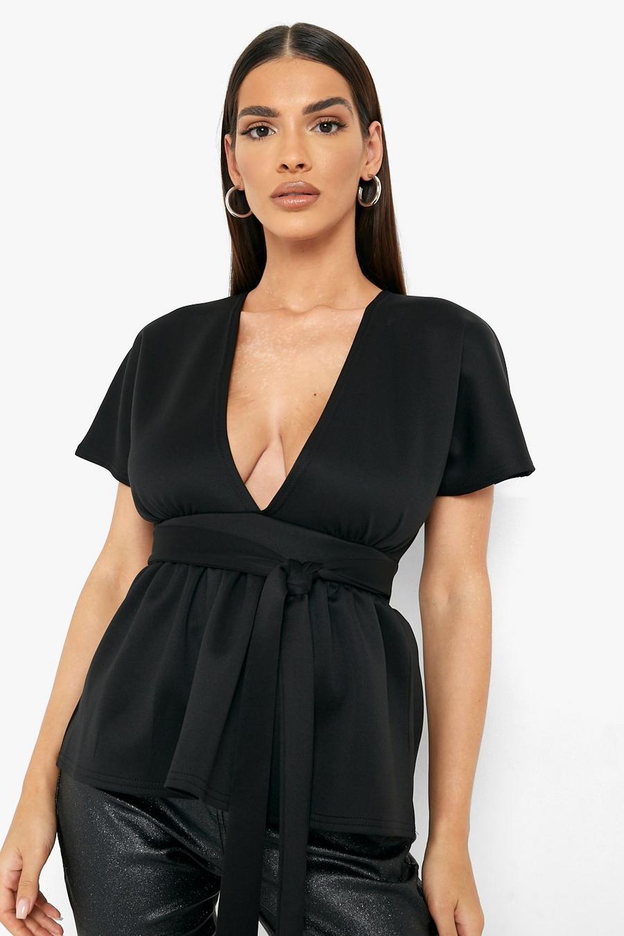 Black Knotted Peplum Short Sleeve Top image number 1