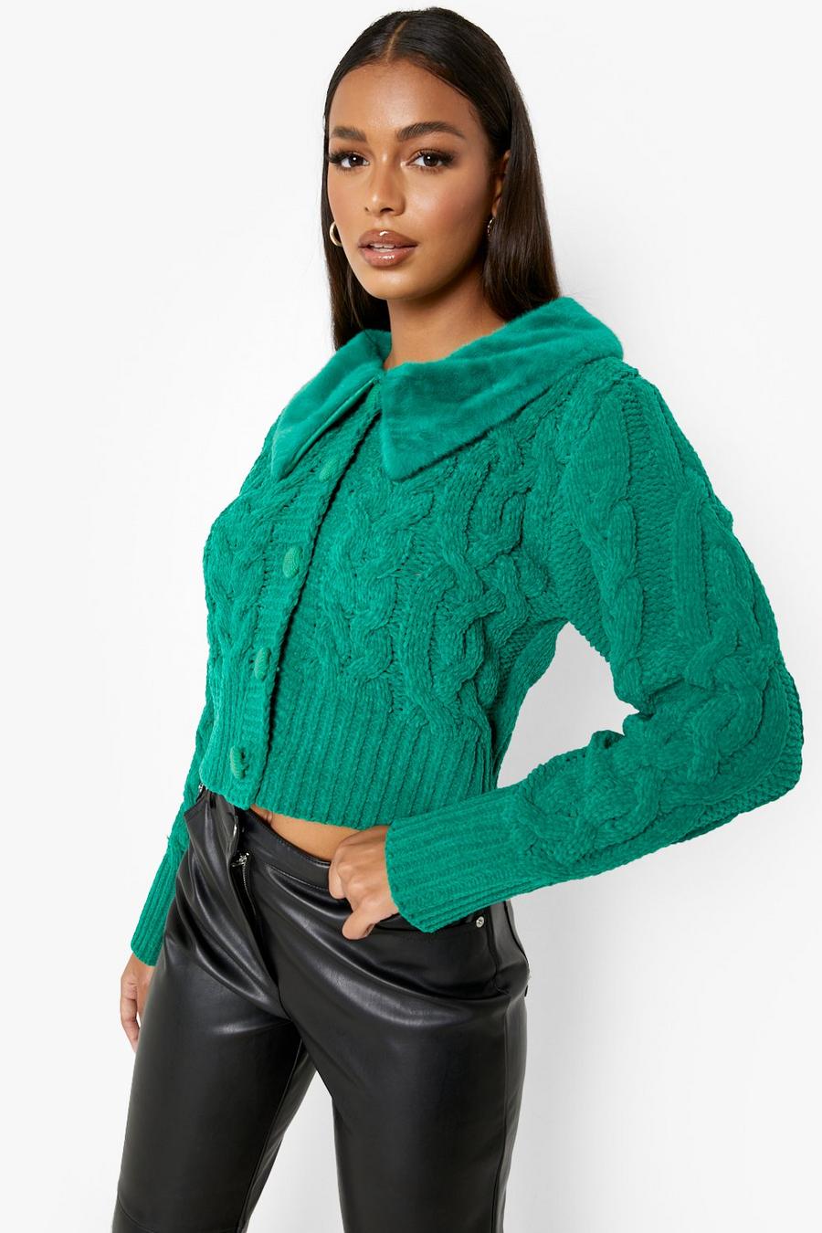 Green Cable Knit Faux Fur Trim Cardigan