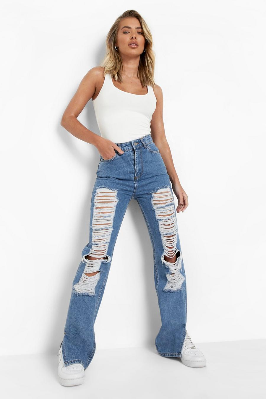Blue Distressed Thigh High Waist Split Hem Jeans image number 1