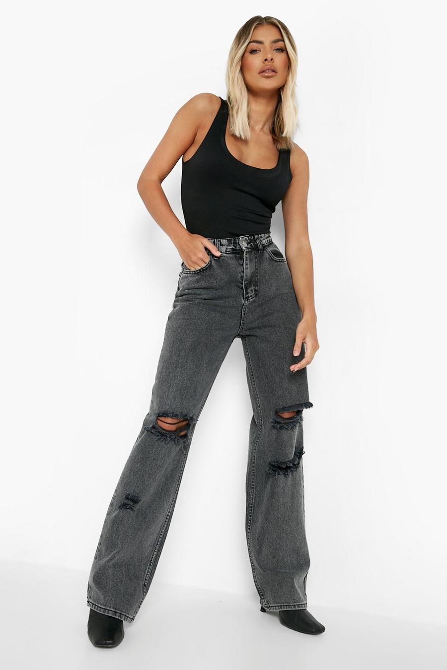 Zerrissene Jeans mit geradem Bein und hohem Bund, Grey grau image number 1