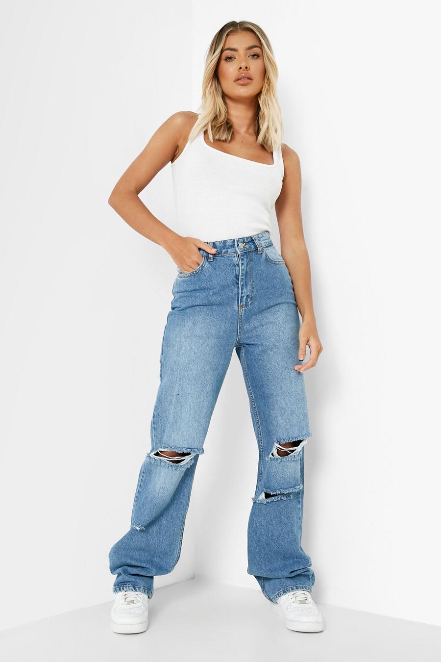 Blue High Rise Distressed Boyfriend Fit Jeans image number 1