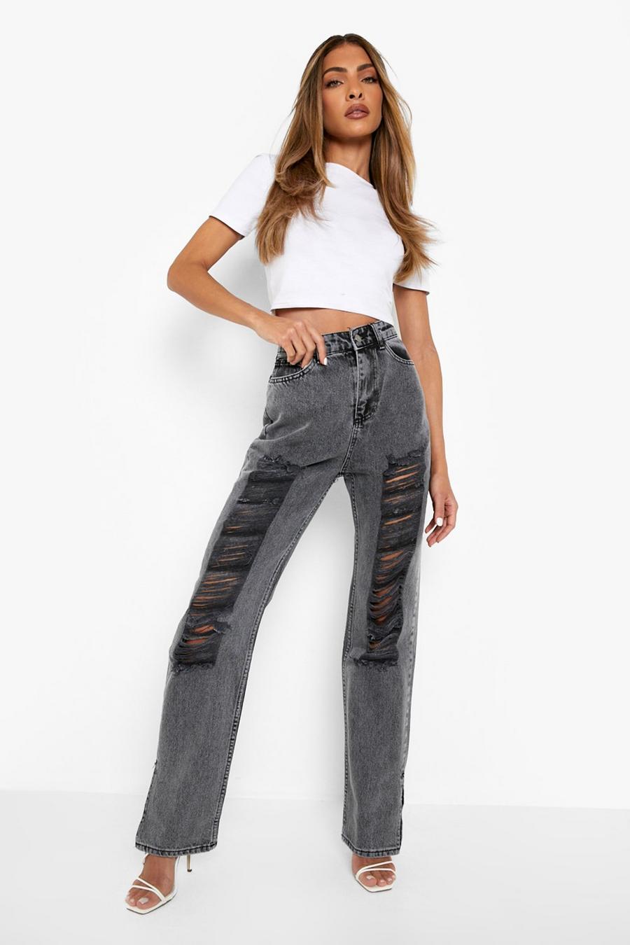 אפור ג'ינס High Waist עם קרעים בירך ושסע במכפלת image number 1