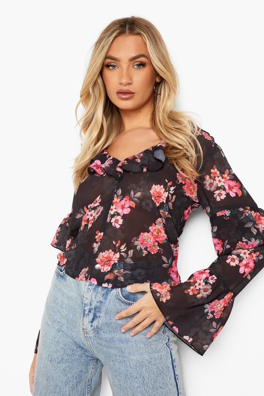 Black Floral Print Ruffle Blouse image number 1