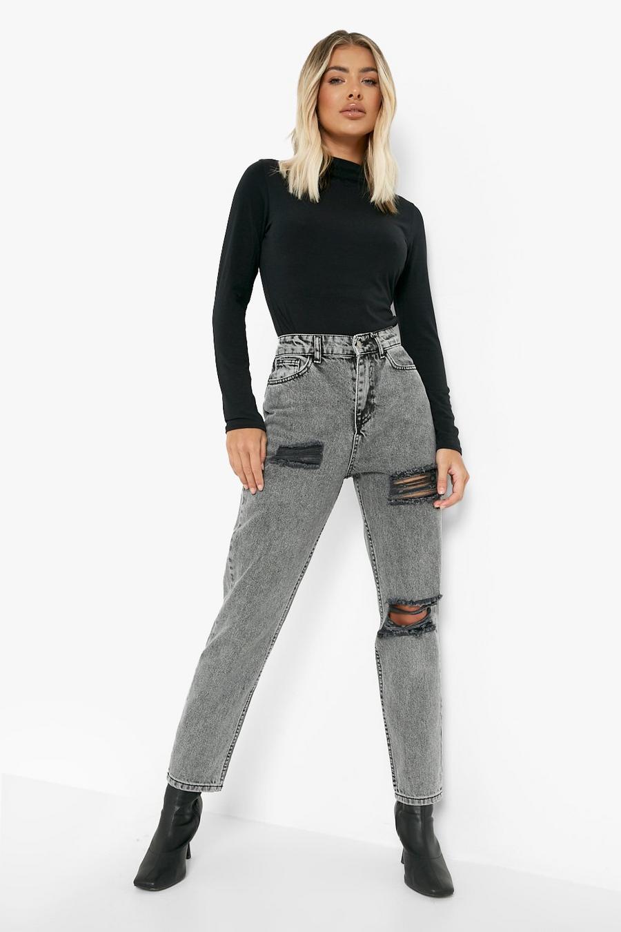 Grey Distressed Ripped Knee Mom Jeans image number 1