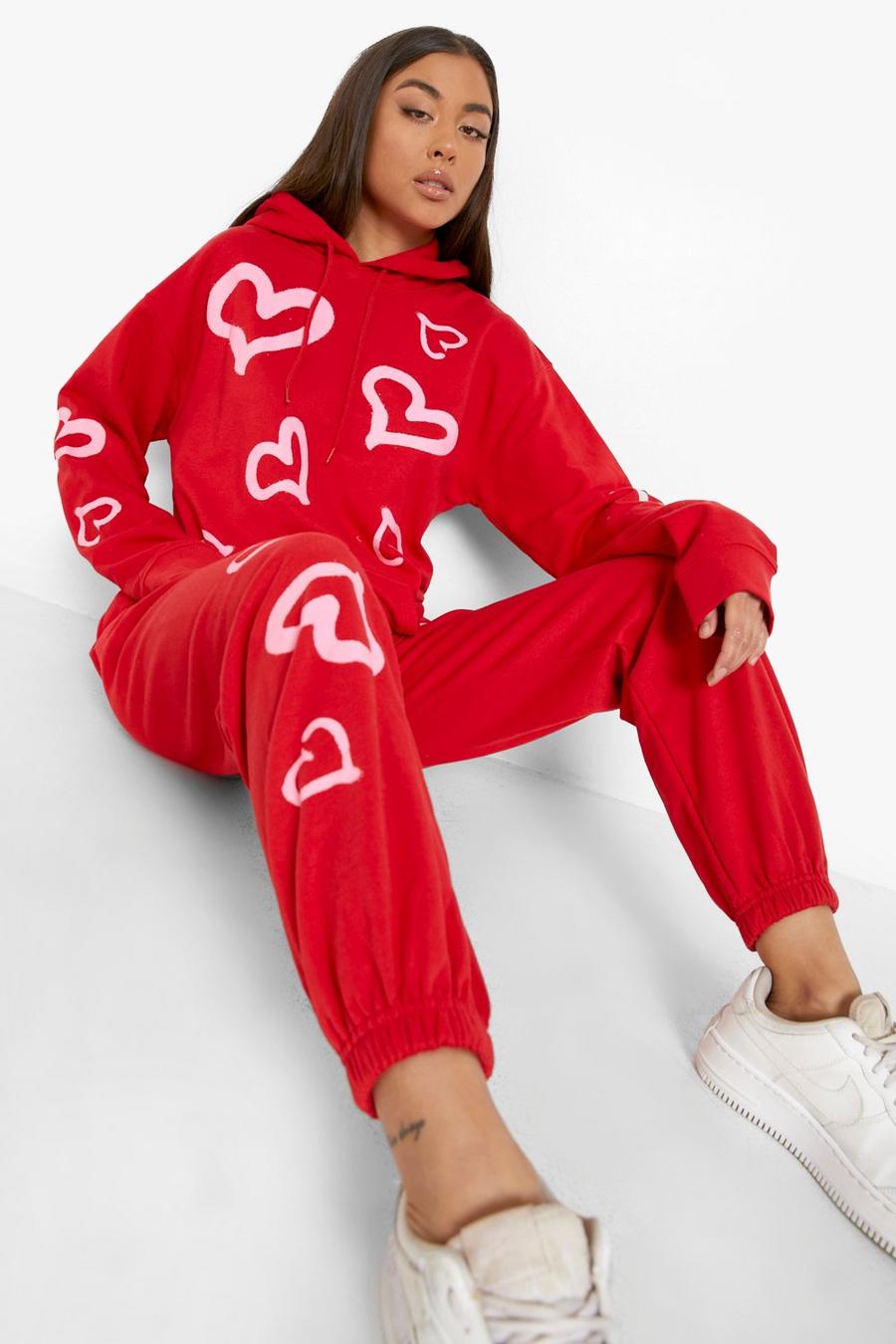 Red Multi Graffiti Heart Hooded Tracksuit image number 1