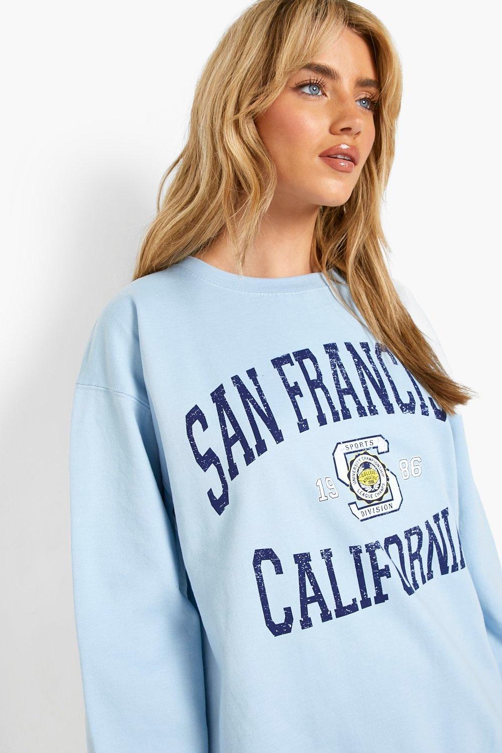 Fvwitlyh Brown Sweatshirt Women's Los Angeles California Oversized Batwing Long Sleeve Sweatshirts Crewneck Pullover Tops, Size: XL, Blue