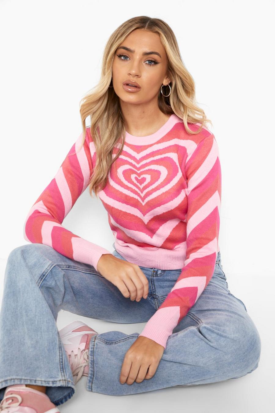 Pink Heart Print Crop Sweater image number 1