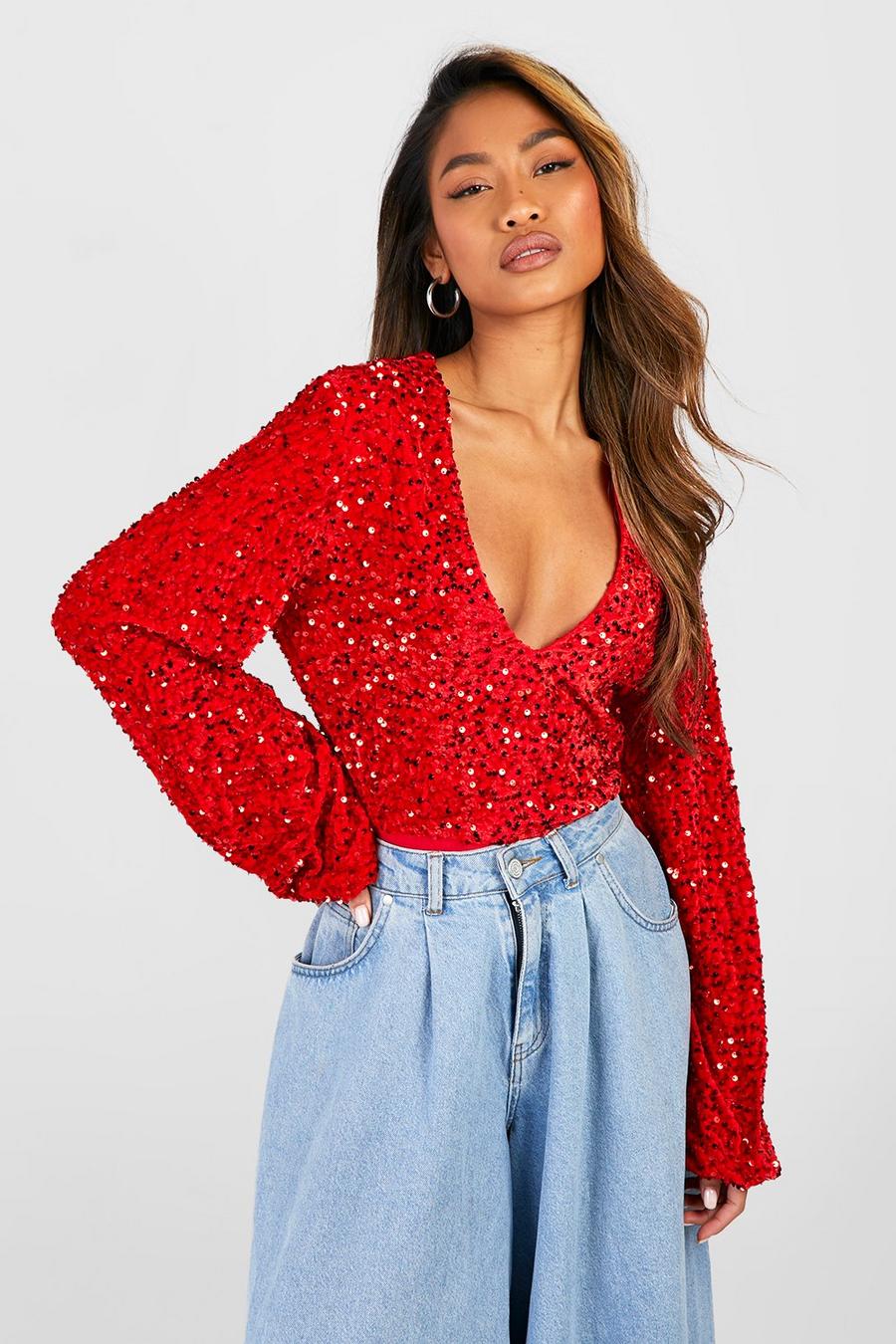 Red Sequin Puff Sleeve Plunge Bodysuit image number 1