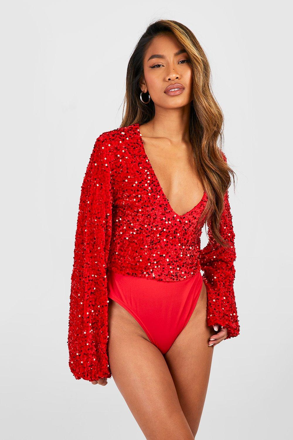 Women's Red Sequin Volume Sleeve Plunge Bodysuit