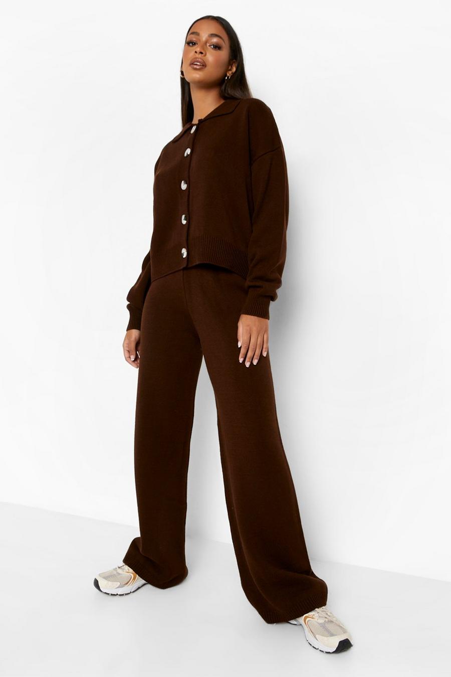 Chocolate marron Knitted Collared Jumper & Trouser Co-ord