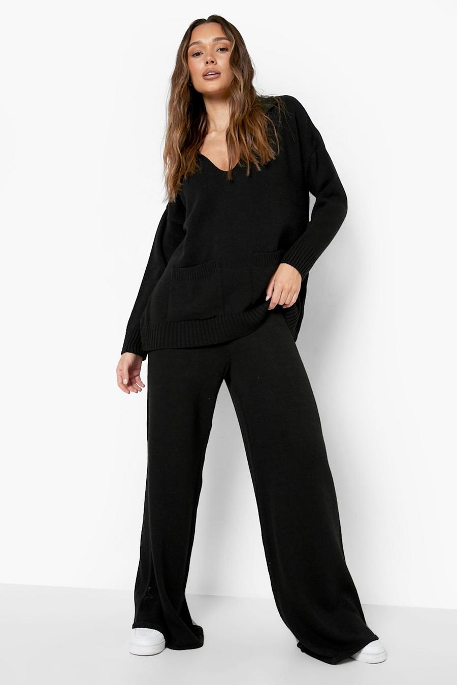 Black Knitted Collared Jumper & Wide Leg Co-ord image number 1