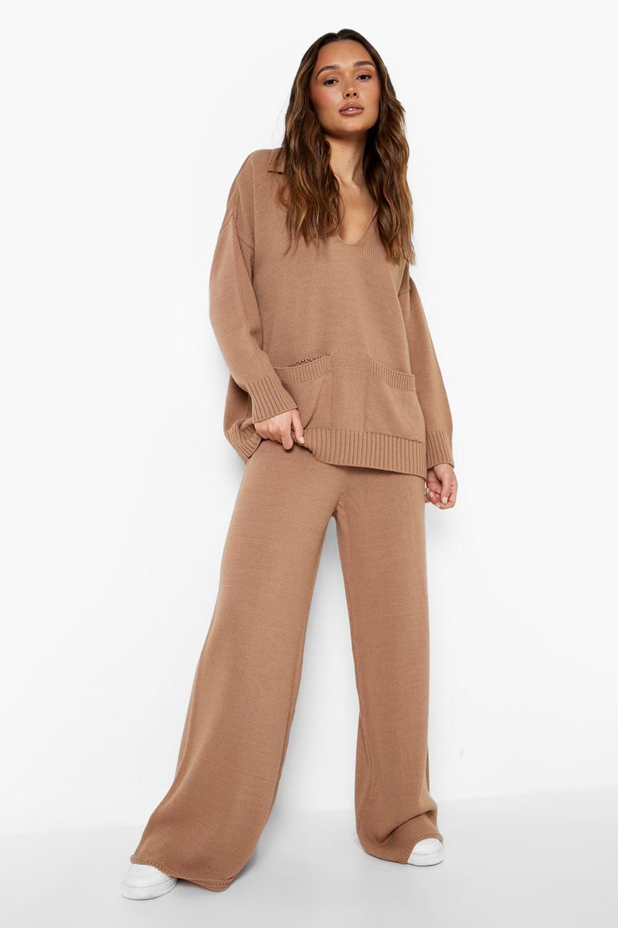 Camel Knitted Collared Jumper & Wide Leg Co-ord image number 1