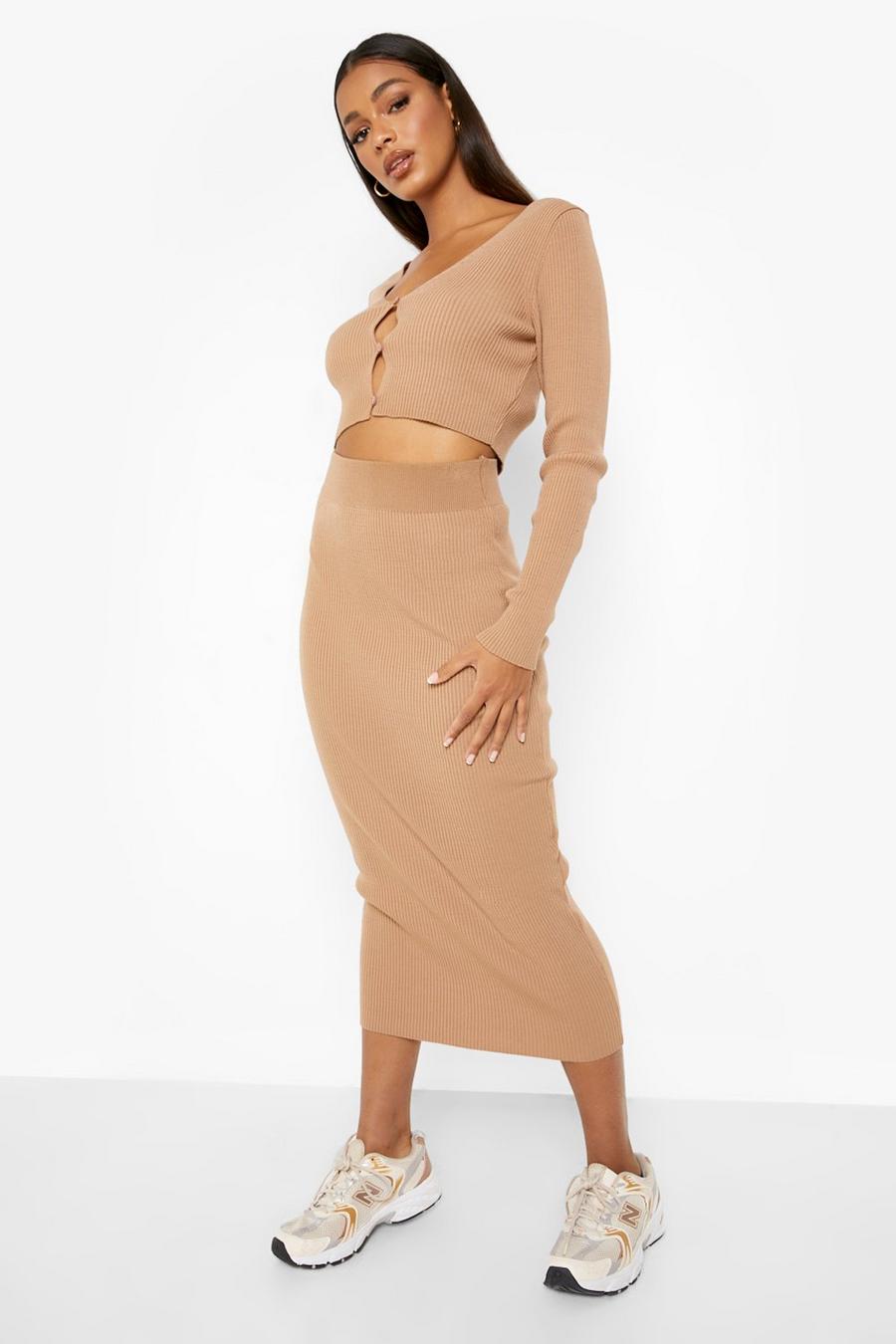 Camel Knitted Buttoned Cardigan & Midi Co-ord image number 1