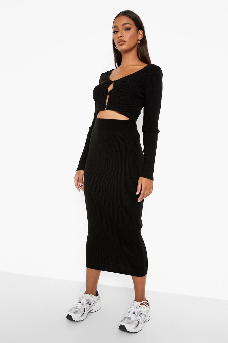 Black Knitted Buttoned Cardigan & Midi Co-ord image number 1