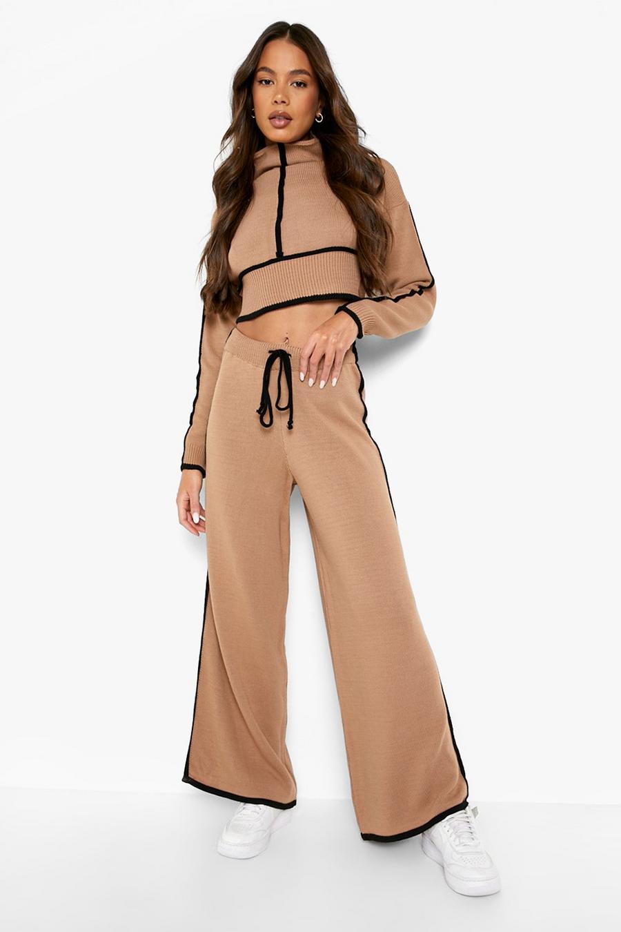 Camel Knitted Seam Detail Jumper & Wide Leg Co-ord image number 1