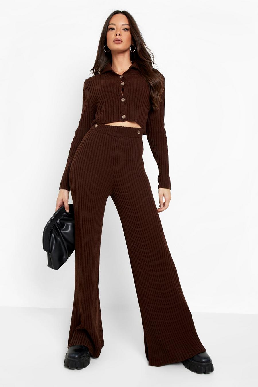 Chocolate Knitted Button Detail Top & Pants Co-Ord image number 1