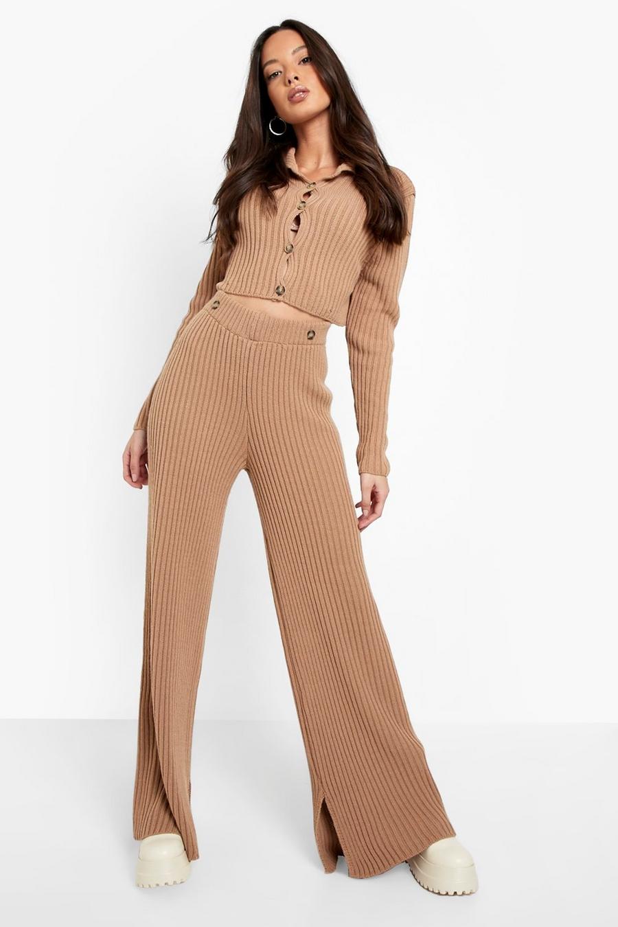 Camel beige Knitted Button Detail Top & Pants Co-Ord