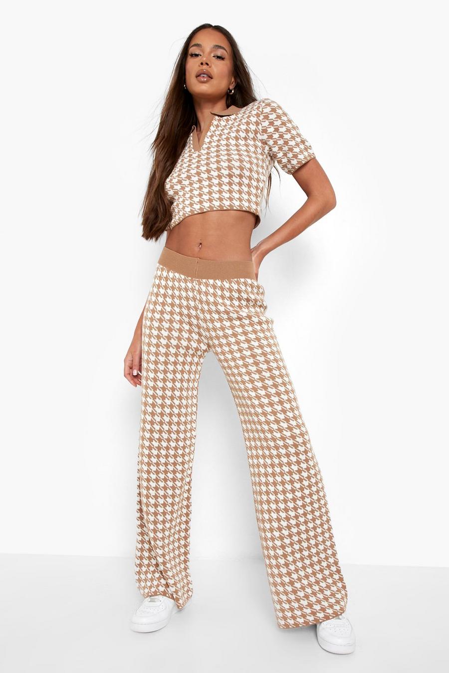 Camel Knitted Check Polo Top & Pants Co-Ord image number 1