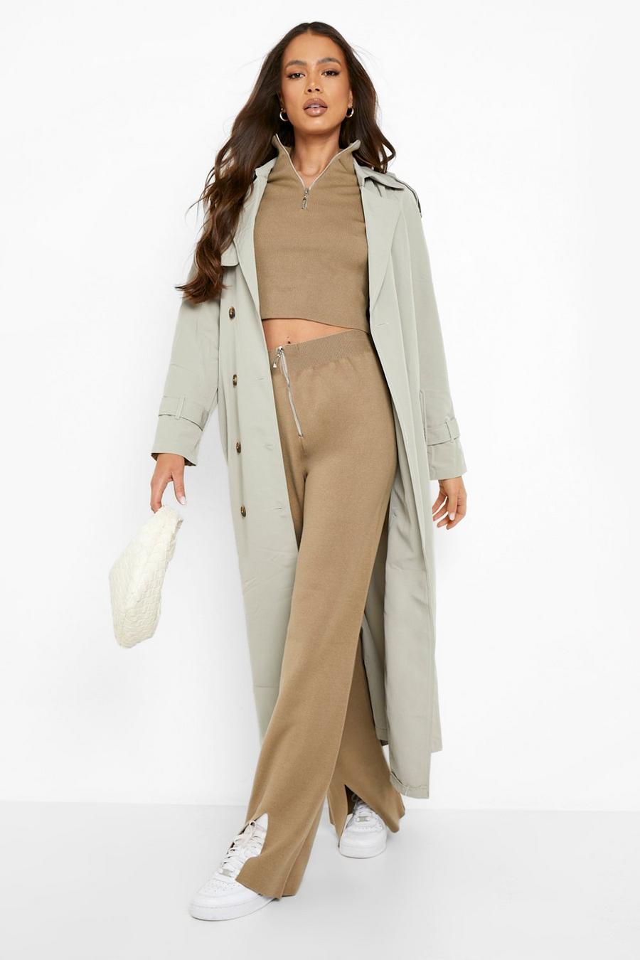 Olive Knitted Zip Up Top & Wide Leg Pants Two-Piece image number 1