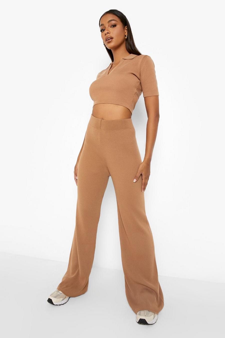 Camel Knitted Polo Top & Wide Leg Pants Two-Piece image number 1