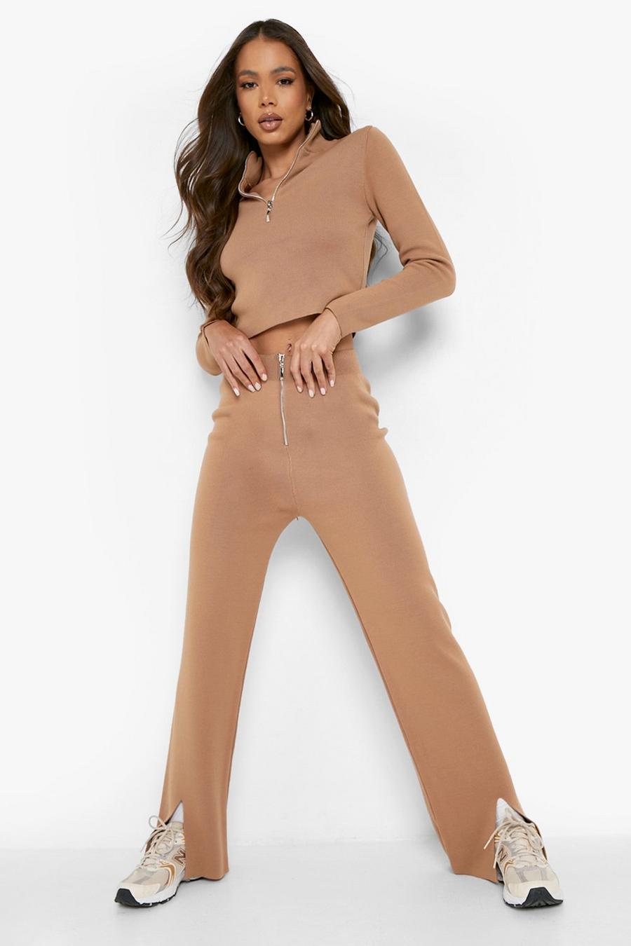 Camel Knitted Zip Up Top & Wide Leg Pants Co-Ord image number 1