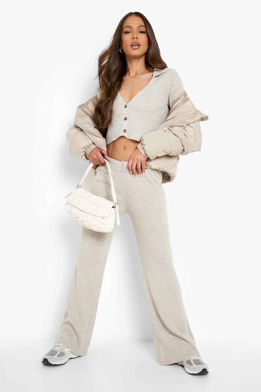 Oatmeal Knitted Button Through Top & Pants Co-Ord image number 1