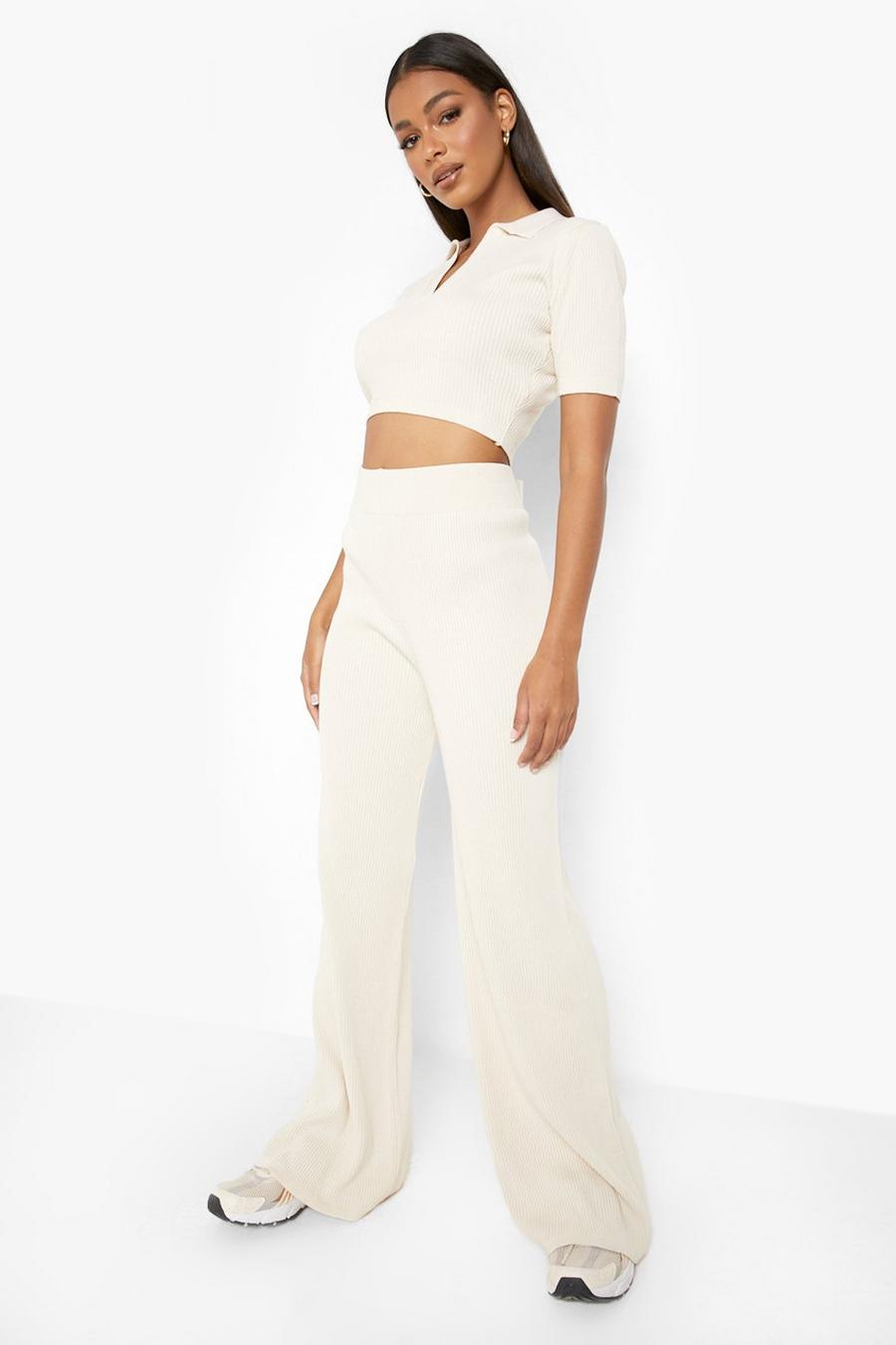Ecru Knitted Polo Top & Wide Leg Pants Two-Piece image number 1