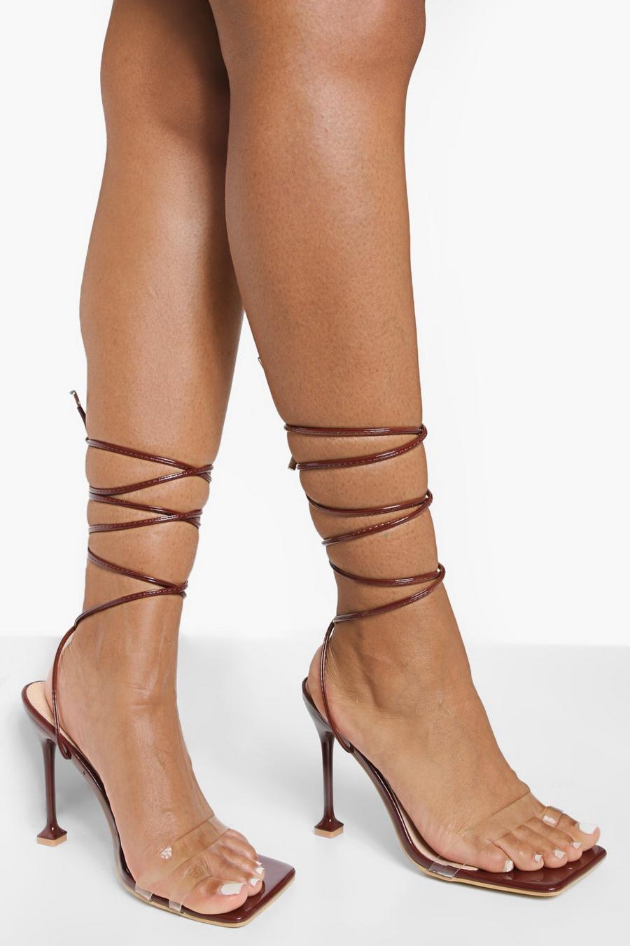 Sandales transparentes à talon aiguille et lacets, Chocolate brown