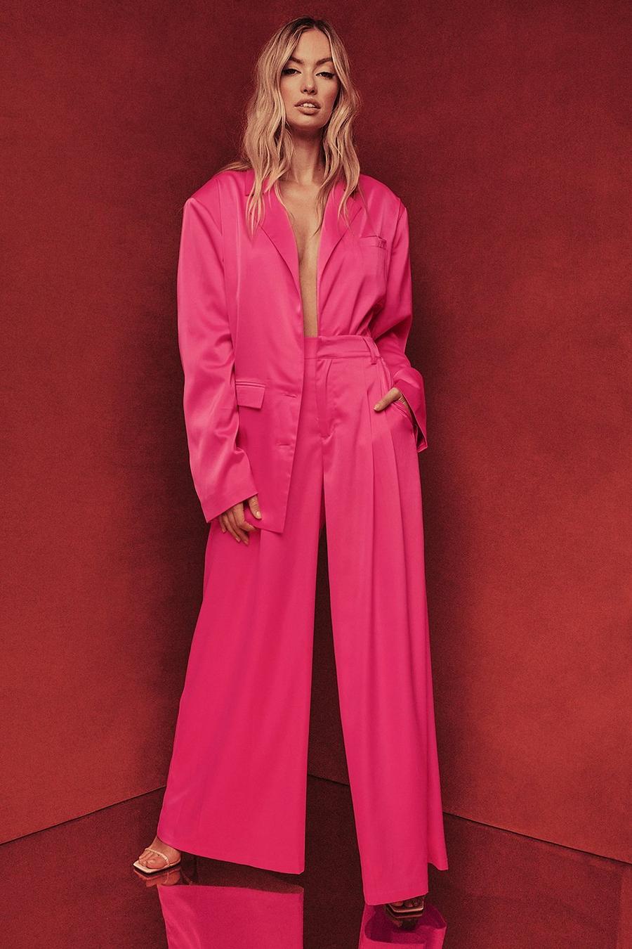 Hot pink rosa Satin Tailored Wide Leg Trouser image number 1