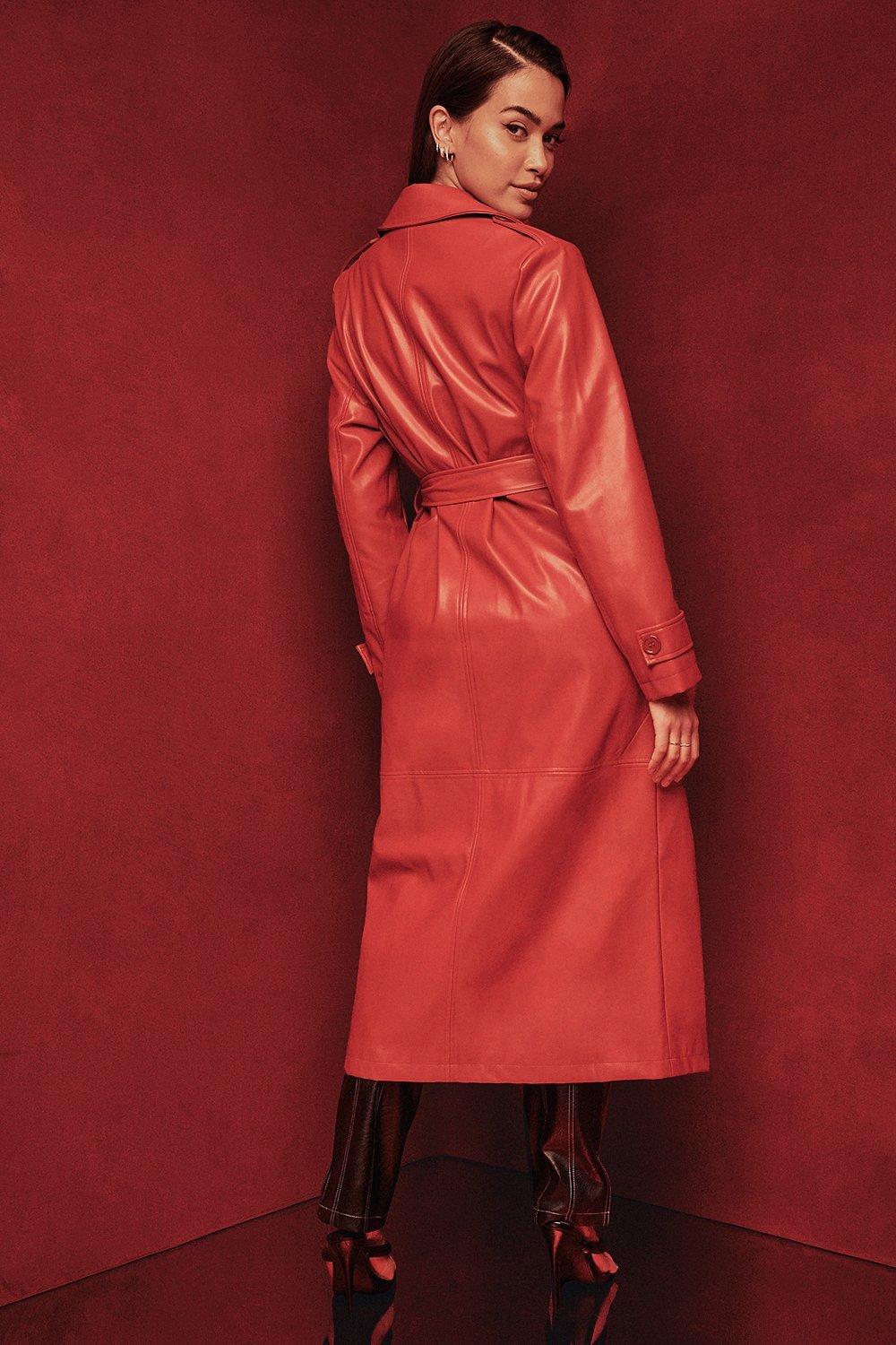 Red Faux Leather Trench Coat