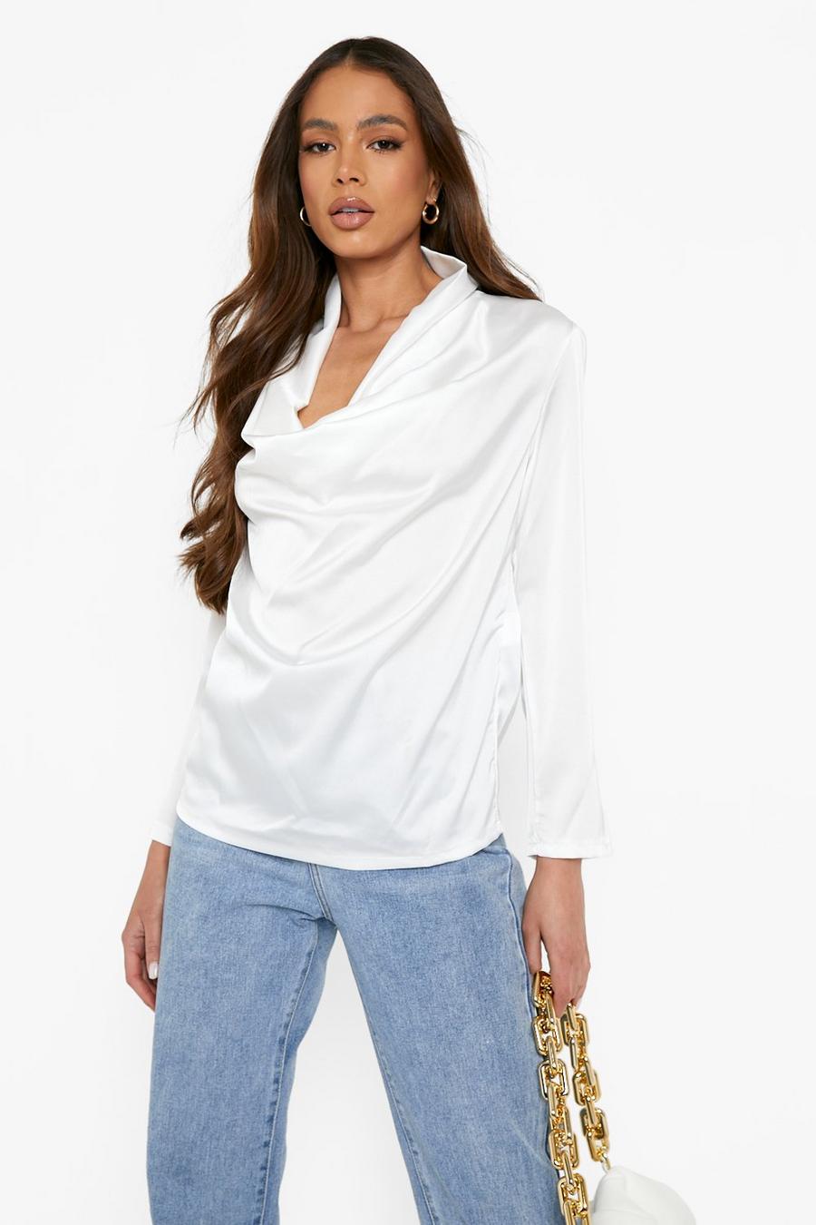 White Cowl Neck Long Sleeve Blouse image number 1