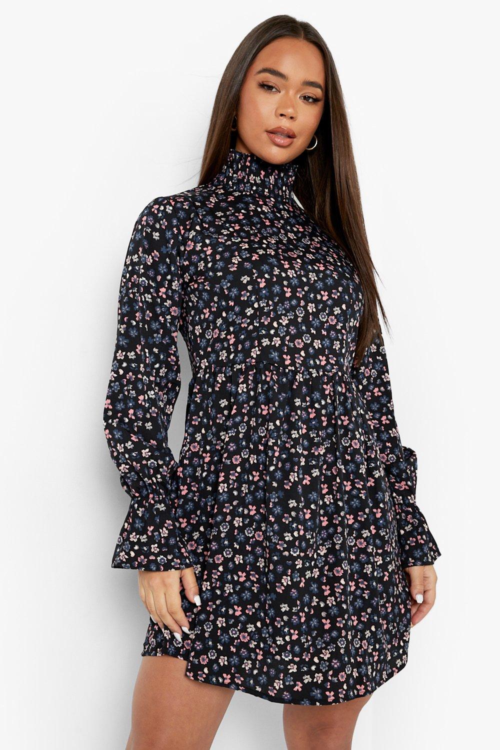 High neck clearance black floral dress