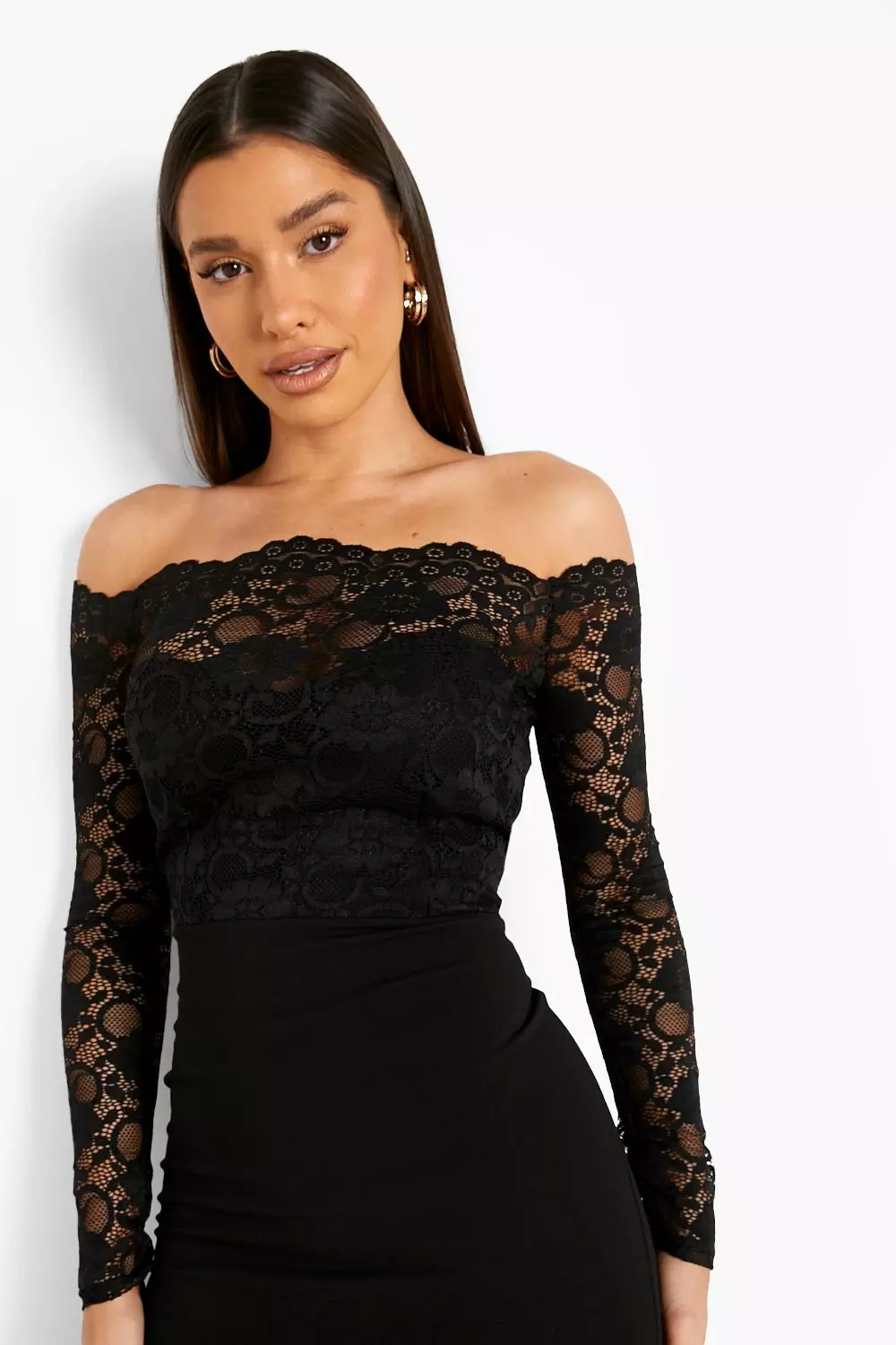 Black bardot frill hem midi clearance dress