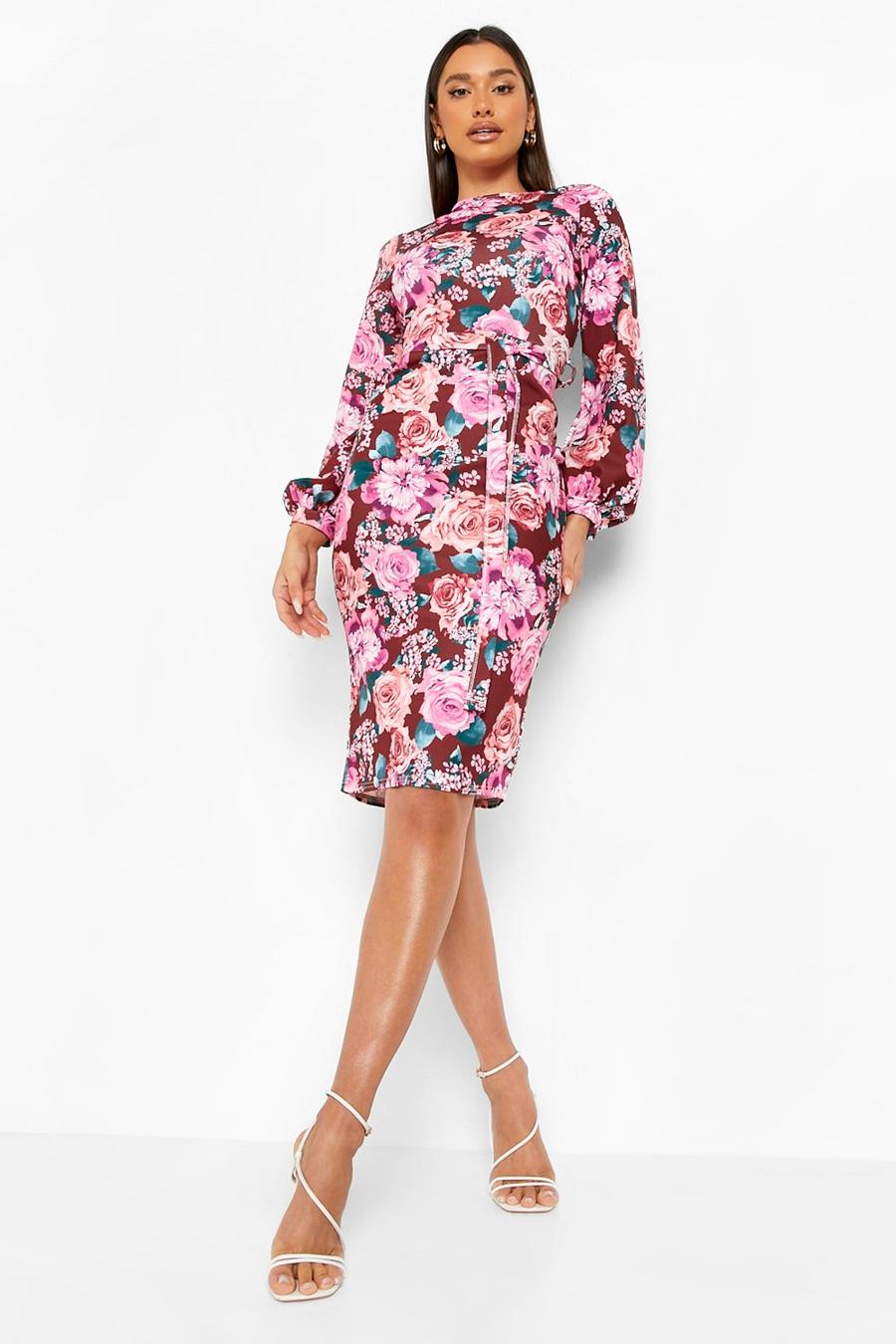 Purple Floral Belted Puff Sleeve Midi Dress image number 1