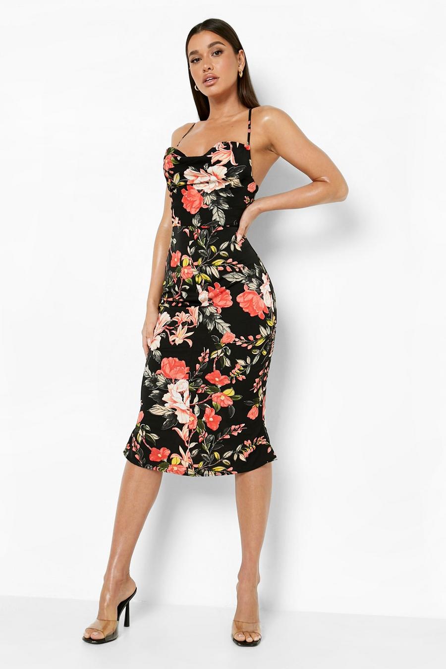 Florales Satin-Kleid mit Wasserfallausschnitt, Black image number 1